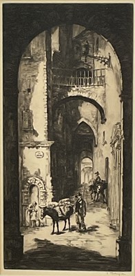 Lot 56 - Sidney Tushingham (1884-1968) signed black and white etching - Continental Street, in glazed frame, 39cm x 19cm