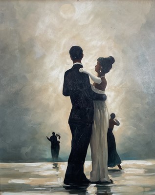 Lot 55 - Manner of Jack Vettriano, oil on canvas - dancers, 58cm x 47cm, in gilt frame