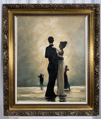 Lot 55 - Manner of Jack Vettriano, oil on canvas - dancers, 58cm x 47cm, in gilt frame