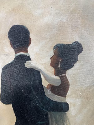 Lot 55 - Manner of Jack Vettriano, oil on canvas - dancers, 58cm x 47cm, in gilt frame