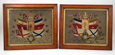 Lot 978 - Pair of late 19th century sailors woolwork pictures in maple frames