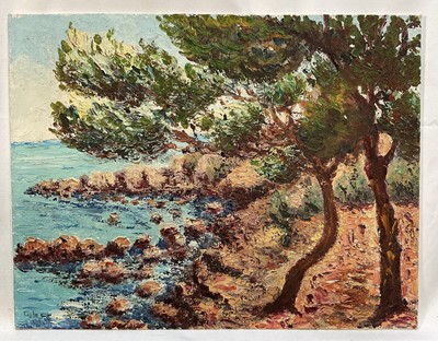 Lot 52 - French school, 20th century oil on board, Pointe du Bacon, Antibes, signed lower left, 35x27cm