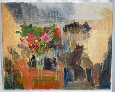 Lot 49 - Annelise Firth (b.1961) oil on canvas still life study- Vase of flowers in studio setting, signed and dated verso, 41cm x 51cm