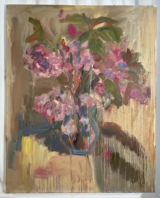 Lot 48 - Annelise Firth (b.1961) oil on canvas still life study- Cherry Blossom in vase, signed and dated verso, 77cm x 61cm
