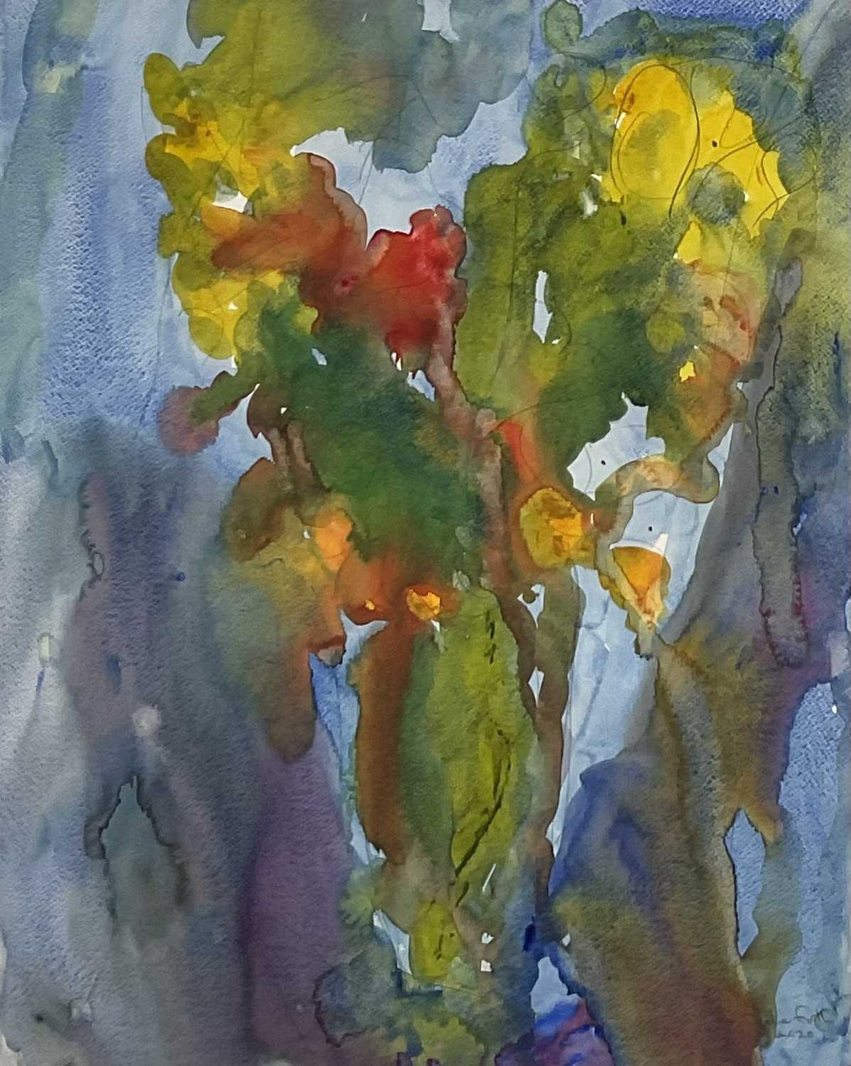 Lot 46 - Annelise Firth watercolour - abstract, signed and dated 2020, 49.5cm x 61cm, in glazed frame.