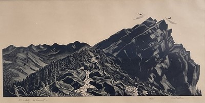 Lot 44 - Herbert Ogden Waters 1903-1996), wood engraving, Mt. Liberty, The Summit, signed and inscribed numbered from an edition of 75, 16 x 35cm, glazed frame