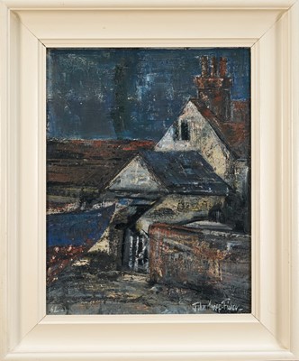 Lot 1065 - *John Knapp-Fisher (1931-2015) oil on canvas - Henry King's Backyard, Pin Mill, signed and dated '62, titled verso, 46cm x 36cm, framed