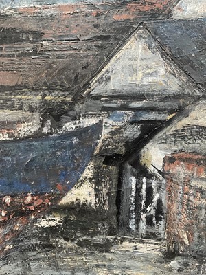 Lot 1065 - *John Knapp-Fisher (1931-2015) oil on canvas - Henry King's Backyard, Pin Mill, signed and dated '62, titled verso, 46cm x 36cm, framed
