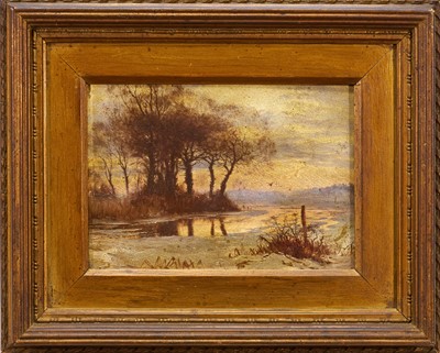 Lot 1349 - George Thomas Rope (1845-1912) oil on panel - Winter Floods, signed, artist's label verso, 16cm x 21cm, in gilt frame