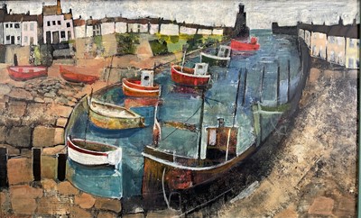 Lot 1208 - Ros Donaldson, contemporary, acrylic on board - Harbour View, signed, 25cm x 40.5cm, in painted frame