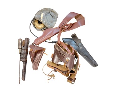 Lot 751 - Cold War era RAF G type flying helmet together with leather holsters and belts (1 box).