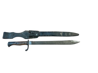 Lot 865 - First World War Imperial German S98/05 saw back 'butcher' bayonet, blade stamped 'Erfurt', in steel mounted leather scabbard (chape missing) with frog.