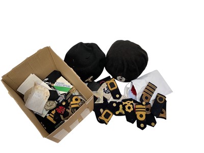 Lot 763 - Group of assorted Militaria to include Royal Navy shoulder boards, badges and caps (1 box).