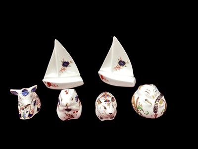 Lot 1226 - Six Royal Crown Derby paperweights - Bank Vole, Sitting Piglet, Harvest Mouse, Sleeping Harvest Mouse and two rare sailing boats