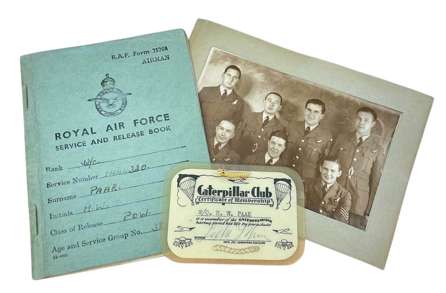 Lot 27 - Scarce Second World War Caterpillar Club badge and related ephemera to W/O. Harold 'Harry' William Paar.