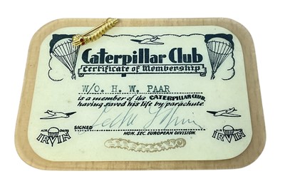 Lot 27 - Scarce Second World War Caterpillar Club badge and related ephemera to W/O. Harold 'Harry' William Paar.