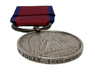 Lot 25 - Waterloo medal named to William Jones 16th or Queen's Light Drag. Together with some printed research.