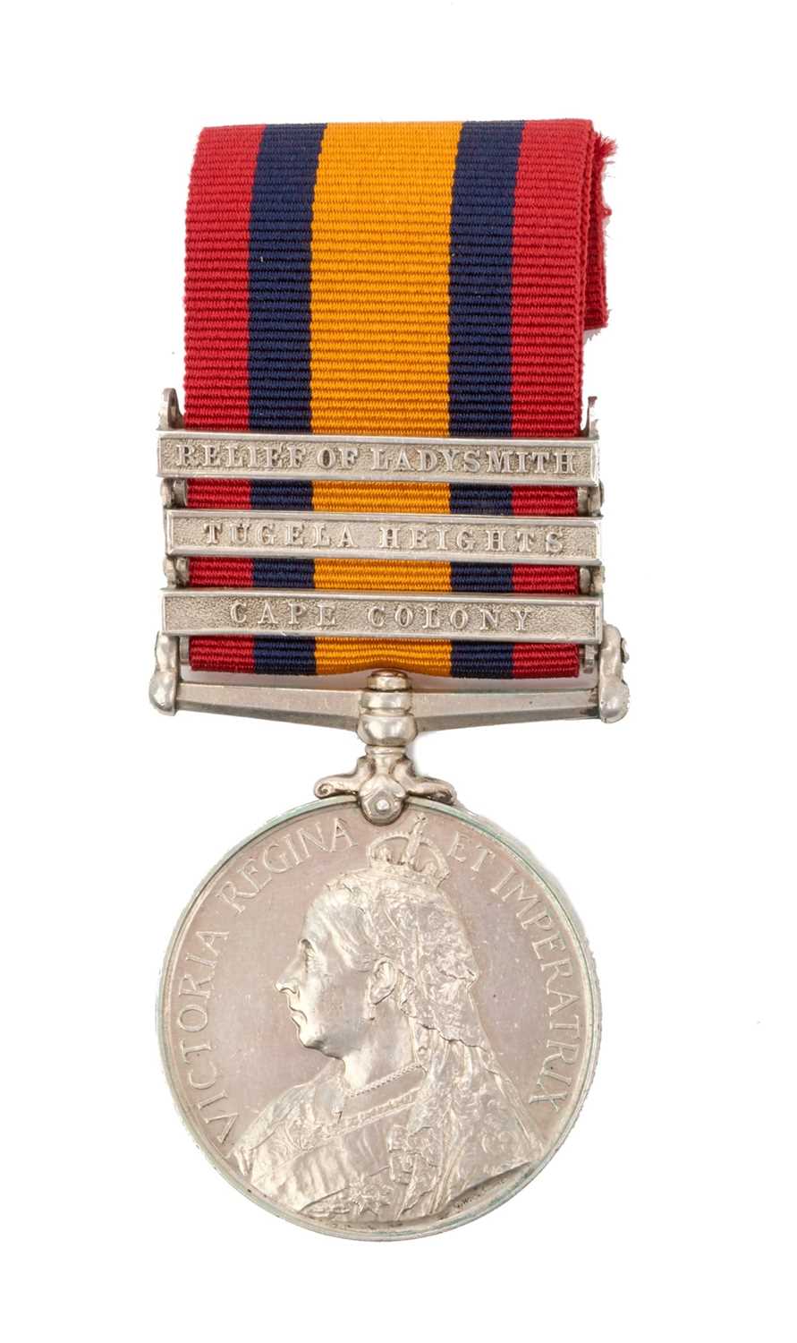 Lot 36 - Queens South Africa medal with three clasps Relief of Ladysmith, Tugela Heights and Cape Colony named to 1370 S. Major. W. Crowe. 1st. YK: & Lanc. Regt. Together with some printed research.