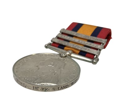 Lot 36 - Queens South Africa medal with three clasps Relief of Ladysmith, Tugela Heights and Cape Colony named to 1370 S. Major. W. Crowe. 1st. YK: & Lanc. Regt. Together with some printed research.