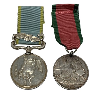 Lot 28 - Victorian Crimea medal pair comprising Crimea medal with Sebastopol clasp named to PTE. J. B. Coles. 12th Lans. and Turkish Crimea medal, unnamed as issued. Together with some printed research.