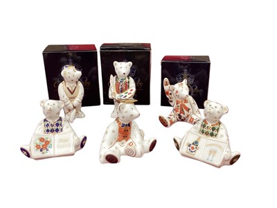 Lot 1228 - Collection of 6 Royal Crown Derby miniature teddy bears - Alice Teddy Bear waving (boxed) Graduate, Artist Claude (boxed) Happy Anniversary, Congratulations and Cricketer (boxed)
