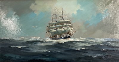 Lot 36 - Colin Moore oil on canvas, Cedric the Saxon in the Southern Ocean, Running Down her Easting, signed, label verso, 46 x 78cm, framed