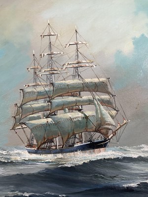 Lot 36 - Colin Moore oil on canvas, Cedric the Saxon in the Southern Ocean, Running Down her Easting, signed, label verso, 46 x 78cm, framed