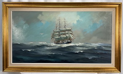 Lot 36 - Colin Moore oil on canvas, Cedric the Saxon in the Southern Ocean, Running Down her Easting, signed, label verso, 46 x 78cm, framed