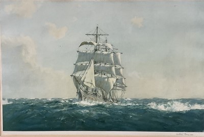 Lot 80 - Arthur Briscoe (1873-1943) lithograph, twin masted ship, signed and with blind stamp, image 37 x 58cm, glazed frame