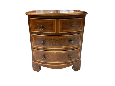 Lot 2473 - Miniature Georgian style bow front chest of drawers, veneered yew wood. 26cm x 23cm x 19cm.