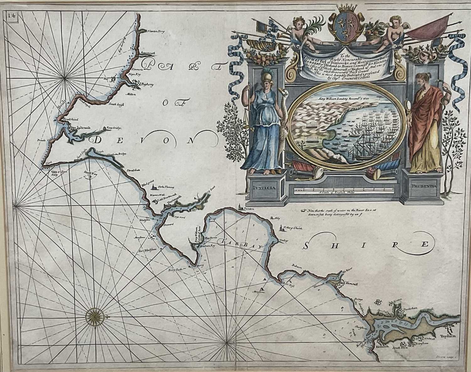 Lot 37 - Greenvile Collins, 17th century engraved sea chart - South Devon, with hand finishing