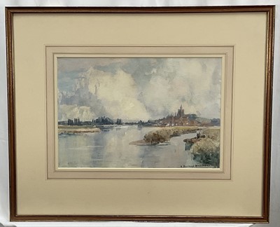 Lot 93 - Louis Burleigh Bruhl (1861-1942) watercolour - 'Below Maldon, an Essex estuary', signed, exhibition label verso, together with another of Beccles, in glazed frames