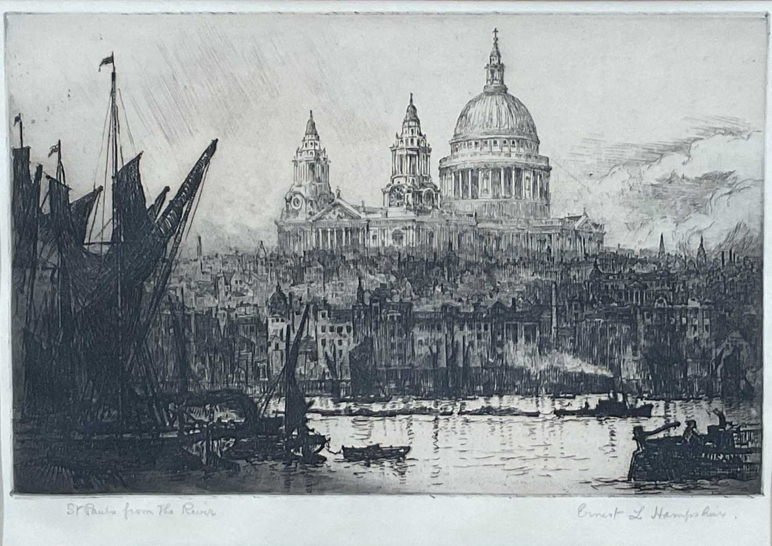 Lot 94 - Ernest Llewelyn Hampshire (1882-1944) pair of etchings - St Paul's and Tower of London, from the Thames, each signed and titled, 15 x 23cm, glazed frames