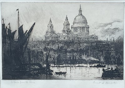 Lot 94 - Ernest Llewelyn Hampshire (1882-1944) pair of etchings - St Paul's and Tower of London, from the Thames, each signed and titled, 15 x 23cm, glazed frames