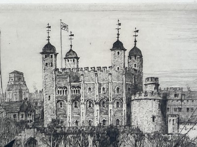 Lot 94 - Ernest Llewelyn Hampshire (1882-1944) pair of etchings - St Paul's and Tower of London, from the Thames, each signed and titled, 15 x 23cm, glazed frames