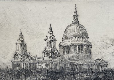 Lot 94 - Ernest Llewelyn Hampshire (1882-1944) pair of etchings - St Paul's and Tower of London, from the Thames, each signed and titled, 15 x 23cm, glazed frames