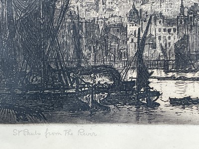 Lot 94 - Ernest Llewelyn Hampshire (1882-1944) pair of etchings - St Paul's and Tower of London, from the Thames, each signed and titled, 15 x 23cm, glazed frames