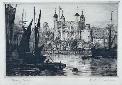 Lot 94 - Ernest Llewelyn Hampshire (1882-1944) pair of etchings - St Paul's and Tower of London, from the Thames, each signed and titled, 15 x 23cm, glazed frames