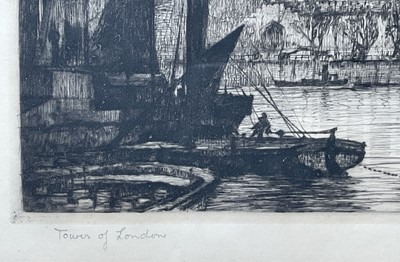 Lot 94 - Ernest Llewelyn Hampshire (1882-1944) pair of etchings - St Paul's and Tower of London, from the Thames, each signed and titled, 15 x 23cm, glazed frames