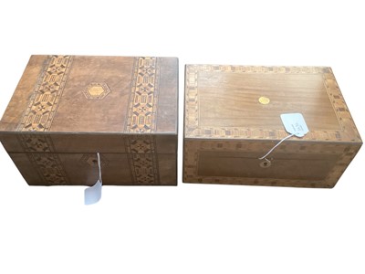 Lot 2474 - Collection of 4 wooden boxes, one large brass inlaid writing slope, 26.5cm x 50cm x 17cm, one small mother of pearl inlaid box, 22cm x 30cm x 11.5cm, and two smaller boxes both approx 17cm x 25c...