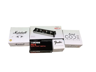 Lot 2315 - 5 Assorted footswitches - Fender one button on/off - 2* Marshall Code -Boss FS-6 Dual - Fender MGT 4 - All boxed and unused