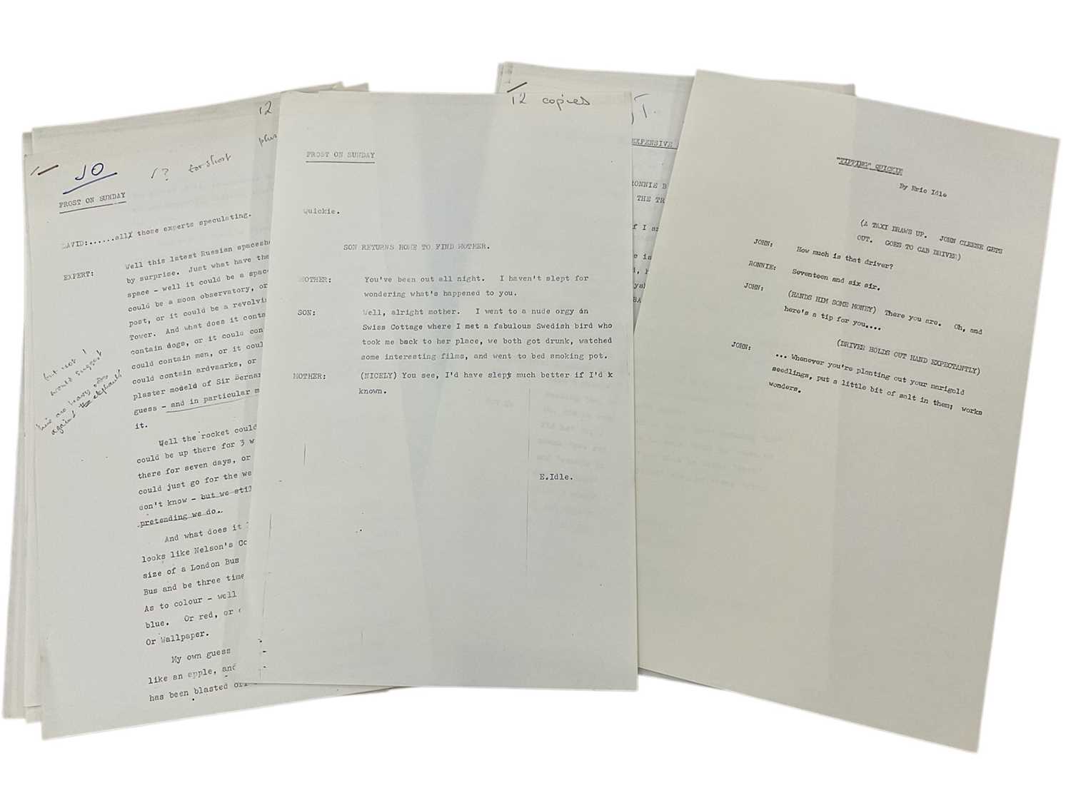 Lot 1442 - Eleven 1960s scripts for The Frost Report by Eric Idle, sketches starring Ronnie Barker, Ronnie Corbett, John Cleese, Josephine Tewson, Roy Kinnear. Provenance: Josephine Tewson Collectio...