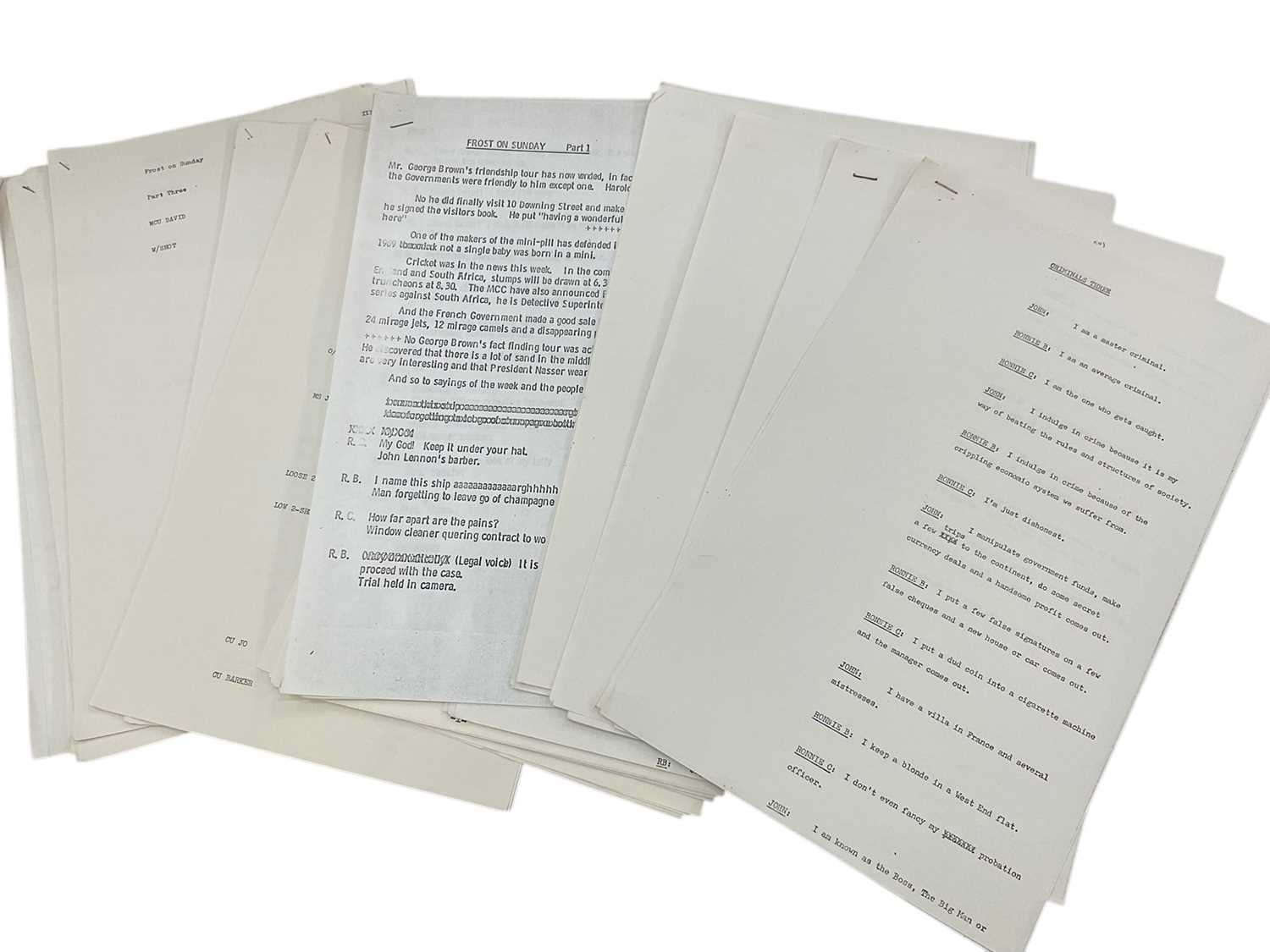 Lot 1445 - Collection of 25 original sketches from Frost on Sunday, authors unknown, the performers including Ronnie Barker, Ronnie Corbett, Josephine Tewson and others, some annotated