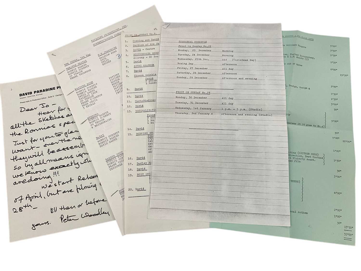 Lot 1447 - Small group of paperwork, schedules etc, relating to The Frost Report and Two Ronnies.