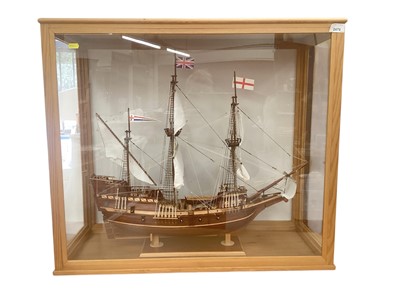 Lot 2479 - Good quality model of the Mayflower ship, in wooden display case measuring 76cm wide