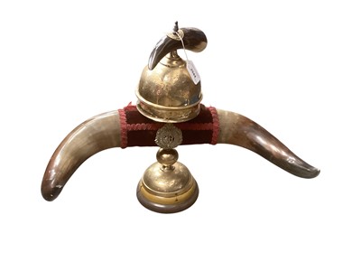 Lot 2544 - 20th century military trophy ashtray in the form of cow horns set with Argyll and Sutherland Highlanders Regimental badge, 48.5cm in length.