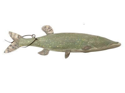 Lot 2545 - Large carved wood folk art painted shop sign in the form of a pike, 113cm in overall length