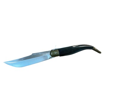 Lot 875 - Large 20th century Spanish folding Navaja knife with 16.5cm clip point, six position, rachet blade stamped Nox Arco Albacete. Lift-up blade release and black composite scales. 37cm overall lengt...