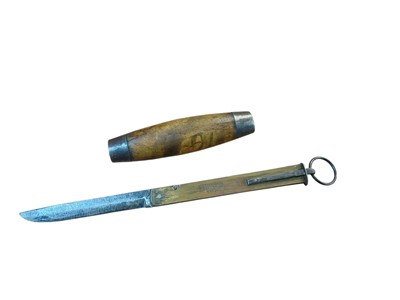 Lot 877 - Late 19th century Swedish Barrel knife, with curly birch wood grip and steel end caps, removable hinged blade unsigned, brass case stamped SEGERSTROM ESKILSTUNA SWEDEN on one side, and fitted wi...