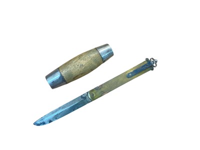 Lot 878 - Late 19th century Swedish Barrel knife, with birch wood grip and steel end caps, removable hinged blade unsigned, brass case stamped P.HOLMBERG ESKILSTUNA SWEDEN, and fitted with a suspension ri...